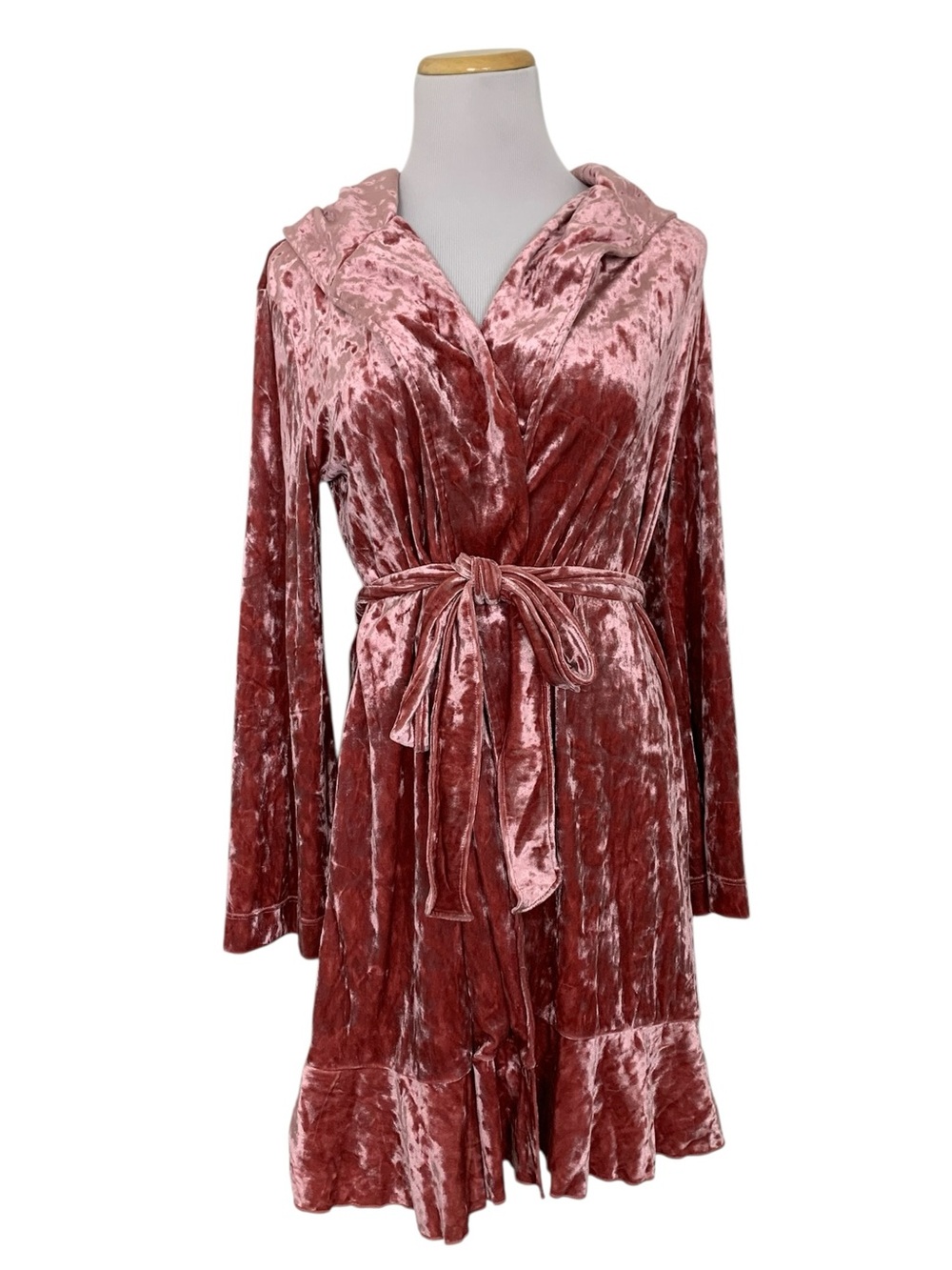 Betsy Johnson Crushed Velvet Hooded Wrap Dress Coat Womens XS Pink Fairy Pockets